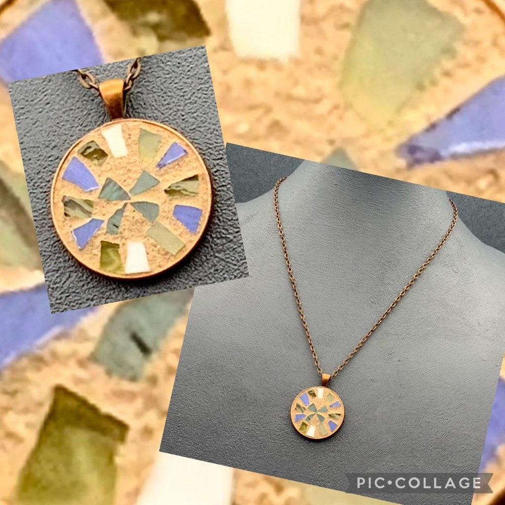 Multicolor Mosaic Pendant Necklace Blue Green White Beige Gold Copper